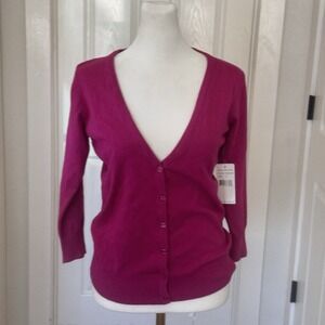 Vtg NWT Viscose Women's sz S Fuchsia Button Up Knit Cardigan 3/4 Sleeve Workwear